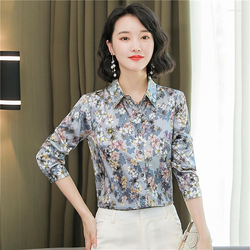 

Women' Blouses Elegant Floral Silk Women' Shirt Tops Korean Fashion Long Sleeve Office Ladies Satin Work Blouse Female Clothing -4XL, Blue