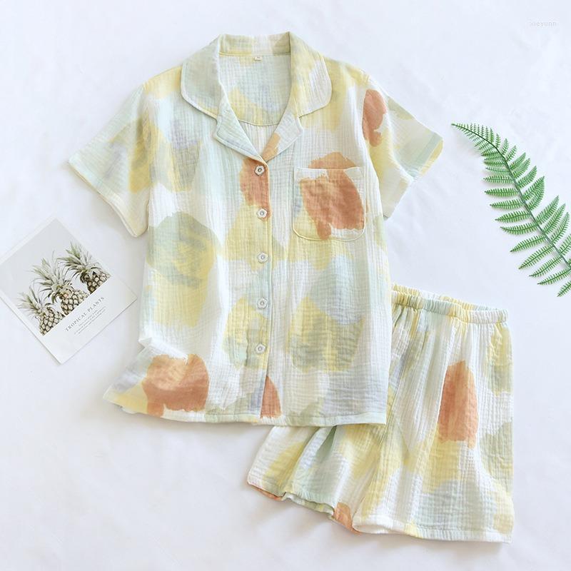 

Women's Sleepwear Pajama Set Turn-down Collar Short Sleeve Women Summer Cardigan Crepe Cotton Thin Sweet Trendy Womens 2pcs Pyjamas Elegant, Painting