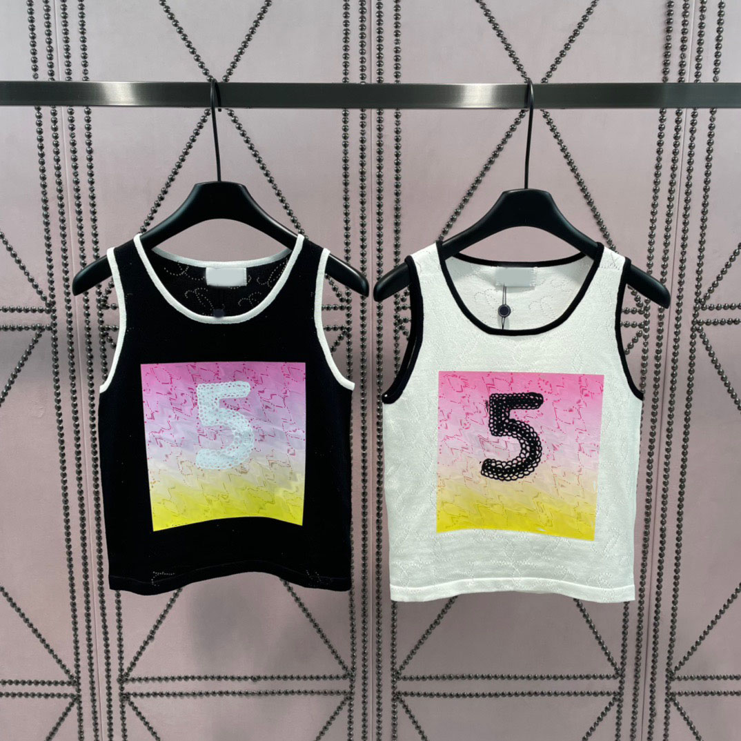 

Summer Black White Elastic Hollow Out Knit Vest Round Neck Sleeveless Top Tank Luxury Designer 2023 Women Fashion Streetwear