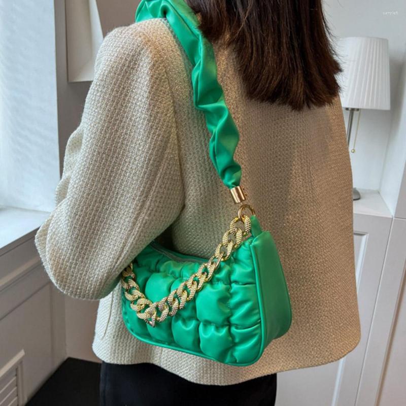 

Evening Bags Pleated Women Shoulder Bag Diamond Plaid Quilted Padded Female Underarm Bubble Cloud Cotton Shiny Chain Design Handbags, Green