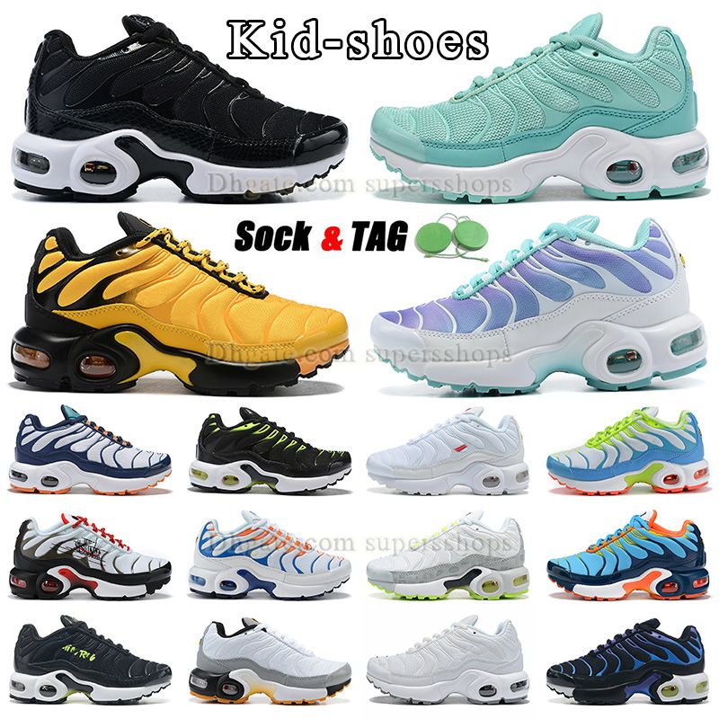 

luxury tn plus kid shoes tns running shoes boys and girls outdoor trainers black white yellow green purple green pink orange red kids sneaker big size 4y infant toddler, Tag+extra laces+socks