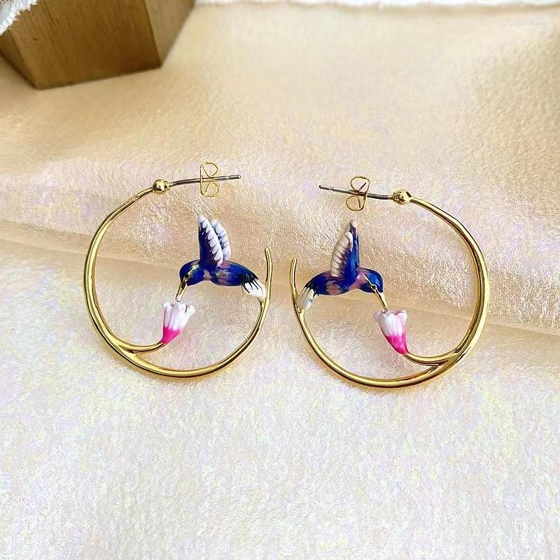

Dangle Earrings Humming Bird And Flower Hummingbird With Enamel Ear Stud