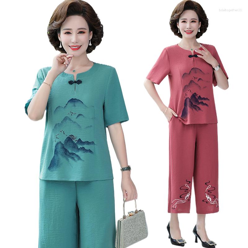 

Women's Two Piece Pants Mother's Summer Print Cotton Linen Sets Middle-aged Elderly Women Plus Size Loose Short-sleeve T-shirt Top, Blue bb
