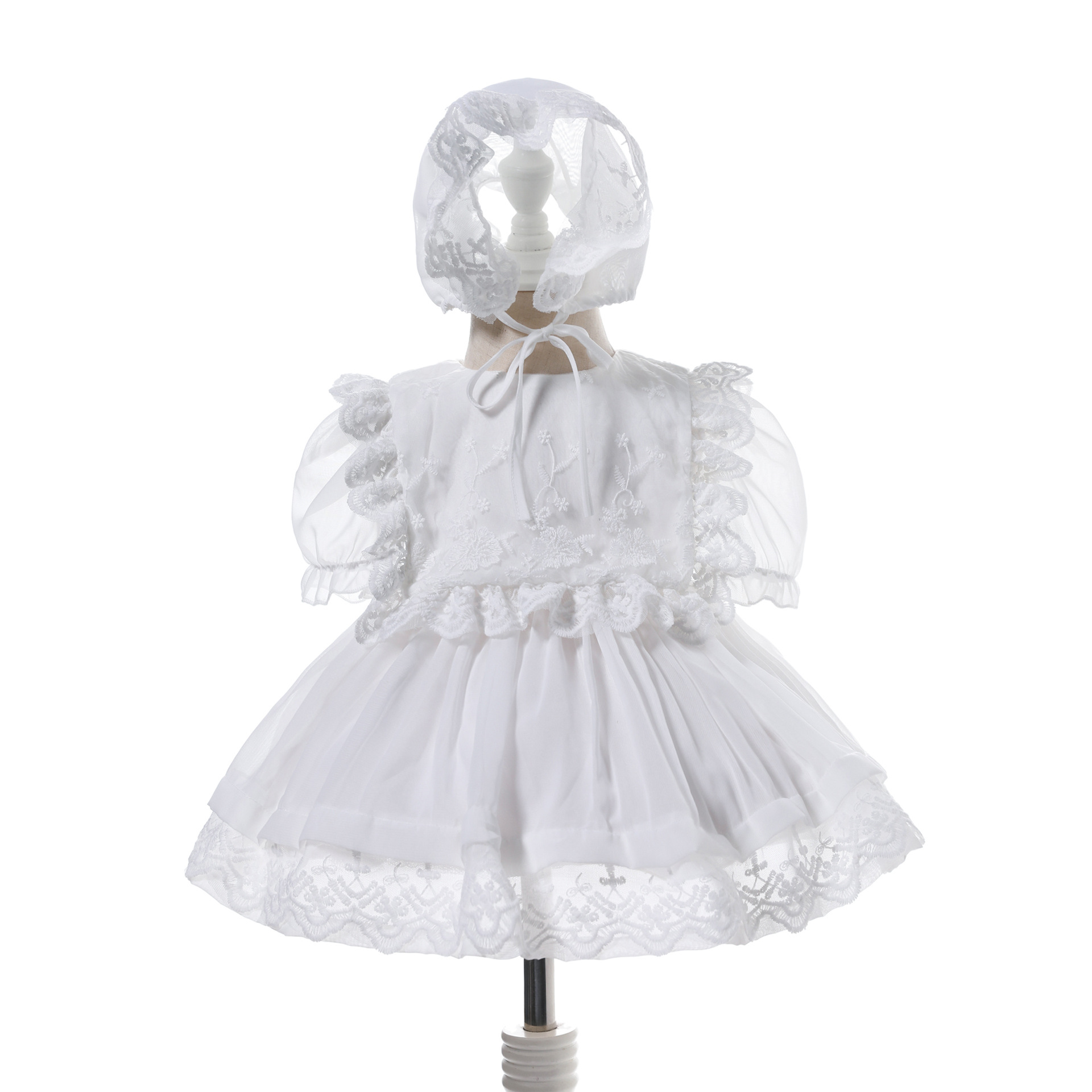 

New Baby Girls Dress with Hat Toddler Short Sleeves Christening Baptism Dress Formal Communion Dress, Ivorie