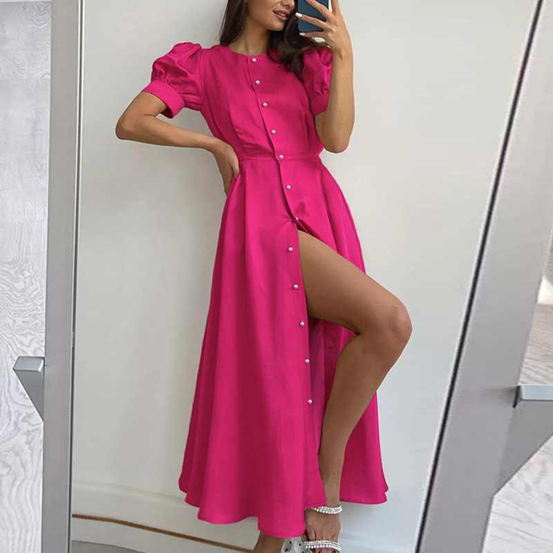 

Casual Dresses Summer new solid temperament womens clothing high waist split mid -length dress, Champagne