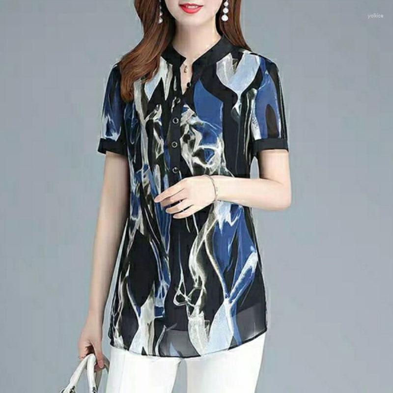

Women's Blouses Female Clothing Vintage Printed Blouse Casual Short Sleeve 2023 Summer Korean Round Neck Button Office Lady Spliced Midi, Green
