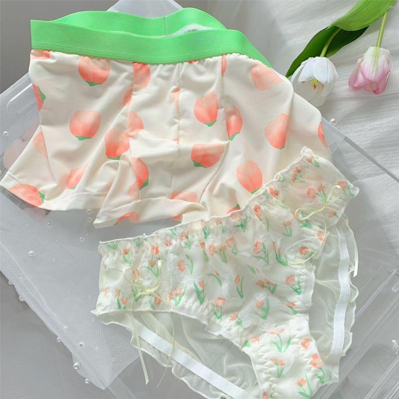 

Women's Panties Plate Flower Print Fresh And Comfortable Snug Elastic Couple Underwear One Male Female Sexy Pure Desire Lace Edge, Women s pants pink