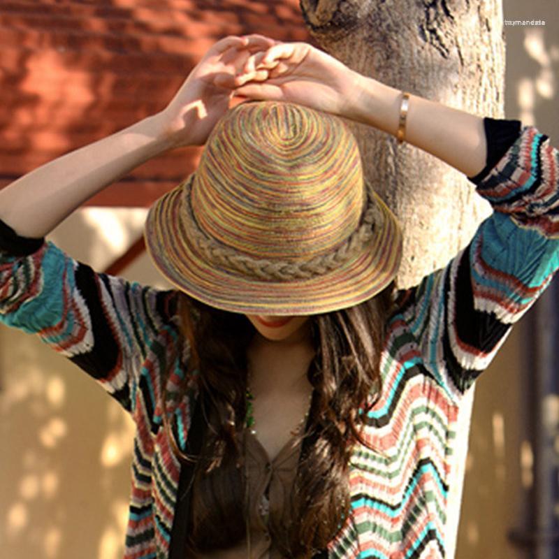 

Wide Brim Hats Summer Colorful Striped Women Straw Hat Fashion Bohemia Outdoor Tour Beach Sun Visor Female Lady Cowboy Jazz CapsWide, White