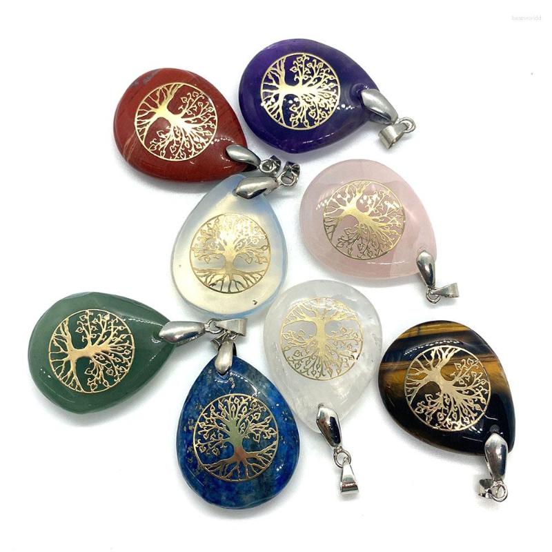 

Pendant Necklaces Natural Stone Water Drop Quartz Tiger Eye Copper Tree Of Life Charm Men And Women Necklace Accessories