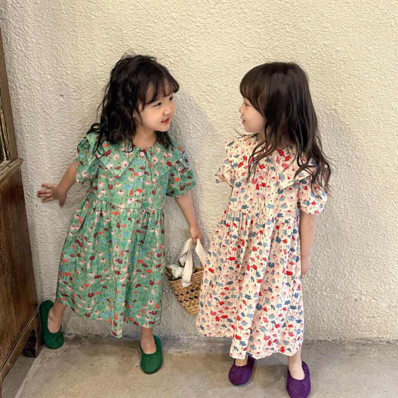 

Girl Dresses 2023 Flower Korea Girls' Summer Dress Cotton Children's Short Sleeve Baby Princess, Beige