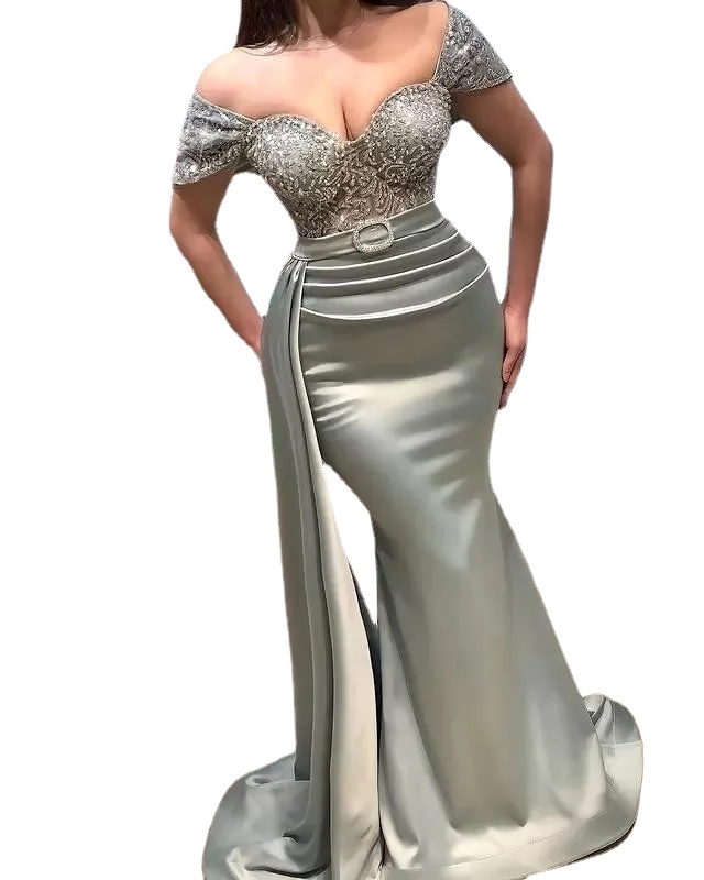 

Aso Ebi Arabic Plus Size Mermaid Sexy Evening Dresses Lace Beaded Satin Prom Formal Party Second Reception Gowns, Gray