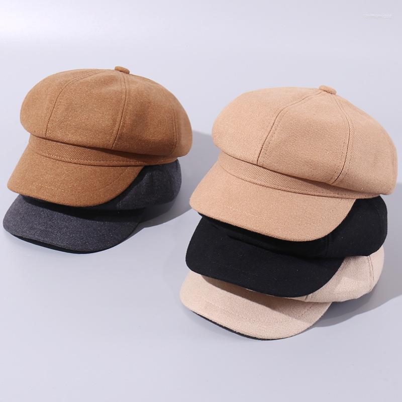 

Wide Brim Hats Fashion Plain Octagonal Cap Ladies Autumn Winter For Women Casual Wool Hat British Retro Beret Painter Caps, Black