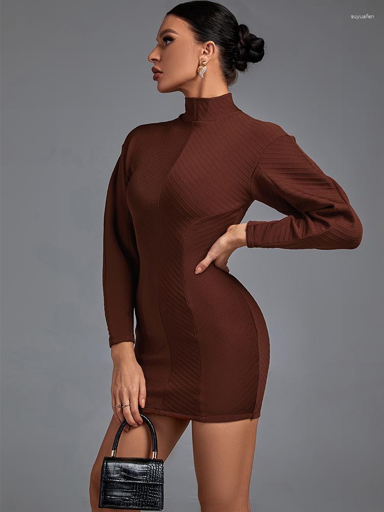 

Casual Dresses Long Sleeve Bandage Dress High Neck Bodycon Evening Party Elegant Sexy Mini Birthday Club Outfit 2023 Autumn Winter, Brown