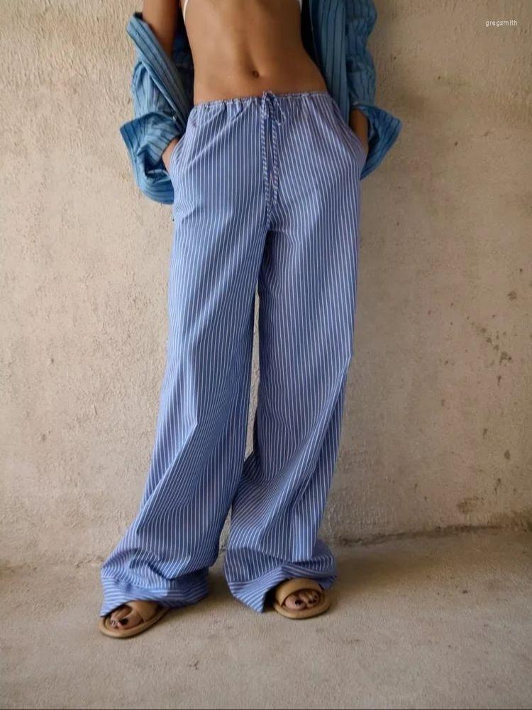 

Women' Pants Summer Women' Blue Mid-waist Wide Leg Lace-up All Stripes Elastic Casual Straight Trousers Lazy Style, Sky blue