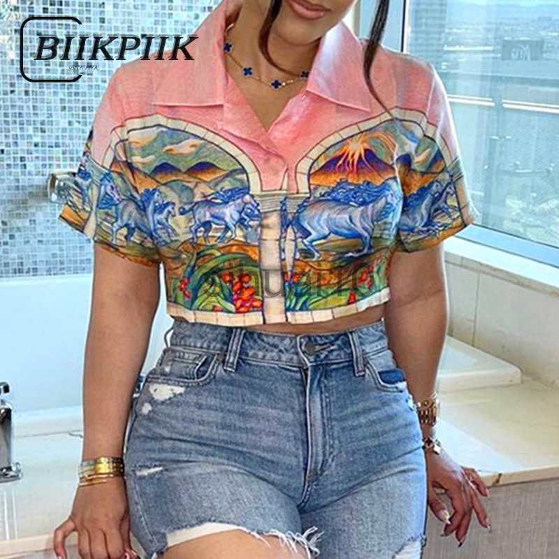 

Women's Blouses Shirts BIIKPIIK Vacation Beach Print Crop Top Button Fashion Women T Shirts Turn Down Collar Casual Basic Summer Outfits Unique Hot Top J230621, Pink4