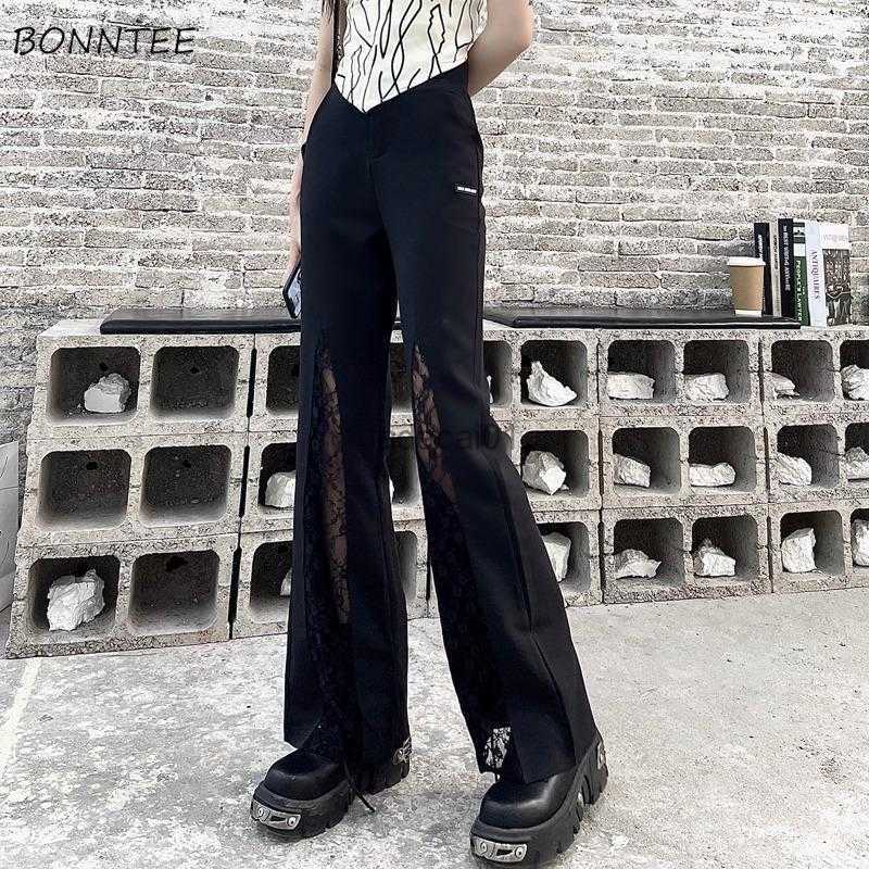 

Flare Pants Women Summer S5XL Ulzzang Design Simple Aesthetic Vintage Lady Lace Trouser Soft Trendy Retro Street Wear Sexy Cosy L230621, Black 0254