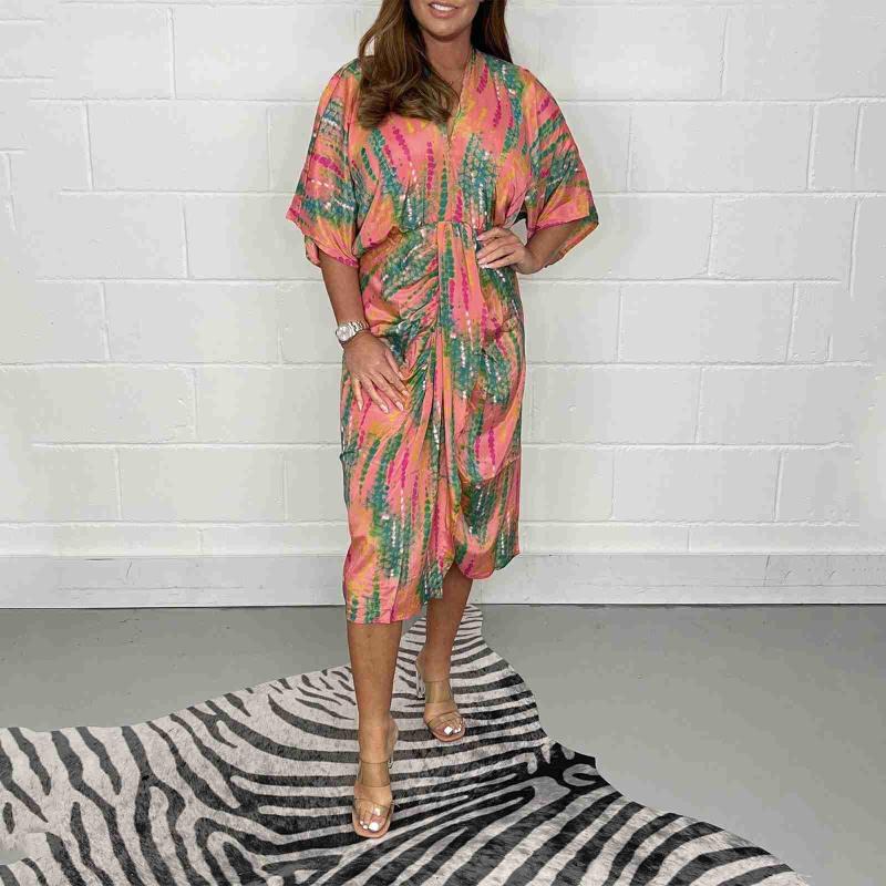 

Casual Dresses Elegant Women Shirt 2023 Summer Fashion Printed Short Sleeve Dress Vintage Waist Tie-up Button Bandage Long Robe, Orange