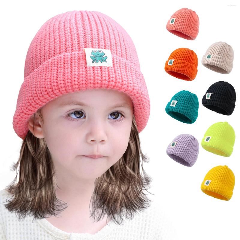 

Berets Autumn Winter Hats For Baby 0-3 Years 8 Solid Color Kids Knitted Elastic Bonnet Cap With Cute Cartoon Frog Label Warm Casual, Black