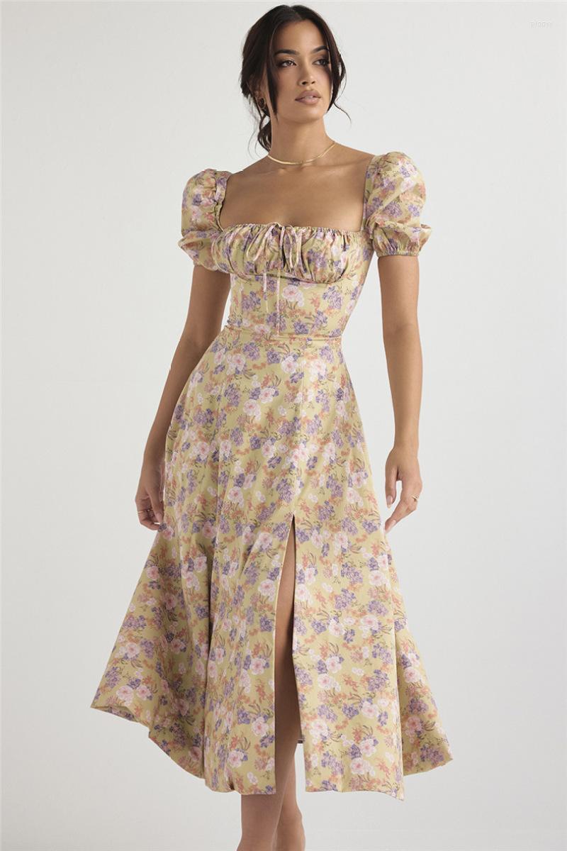 

Casual Dresses Summer Women Square Collar Lace-up French Floral Slit Dress