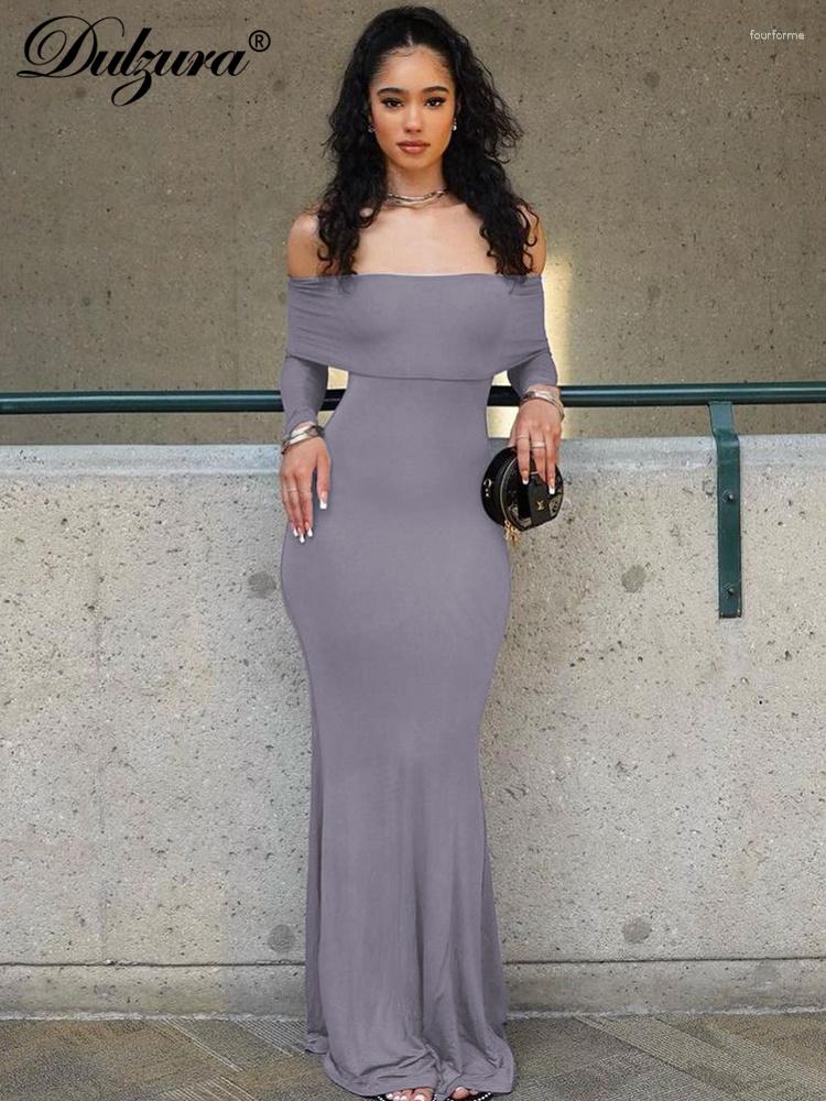 

Casual Dresses Dulzura Off Shoulder Bodycon Dress 2023 Summer Women Long Sleeve Party Maxi Solid Classic Prom Elegant Vestidos, Gray