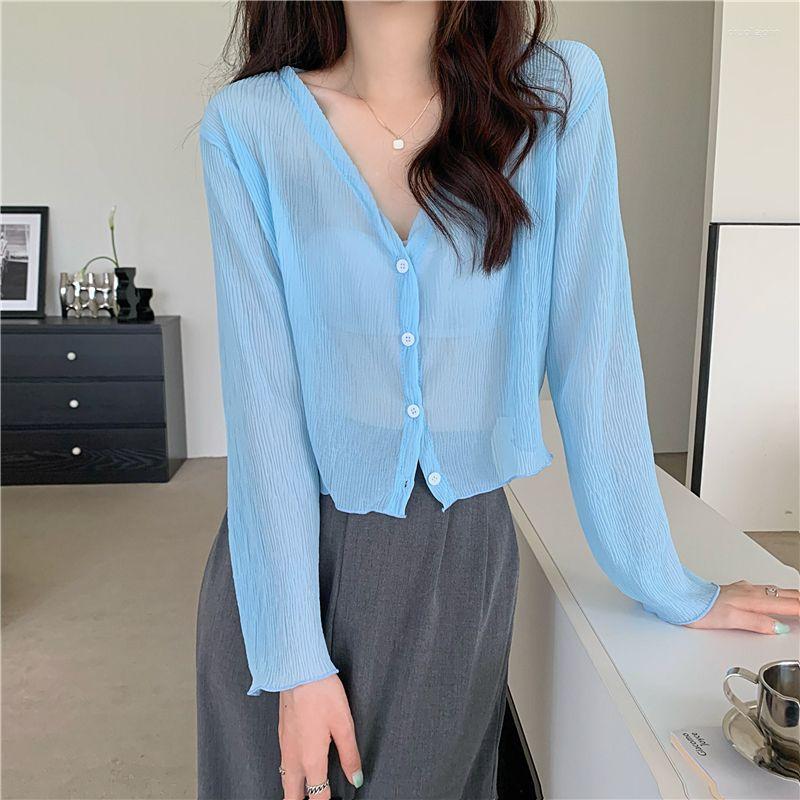 

Women's Knits Korean Micro Wrinkle Chiffon Cardigans Women Thin Design Single Breasted Long Sleeve Summer Cropped Cardigan Mujer, Sky blue