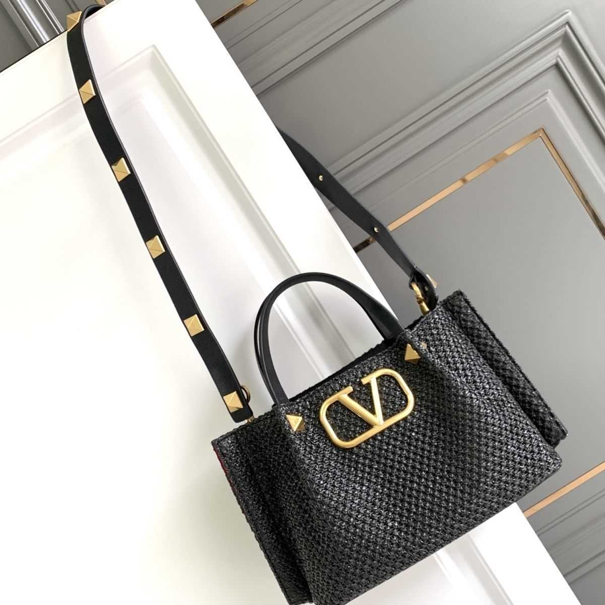 

Bohemian Style Valetino Women Bag Lafite Woven Tote Bag BQWY Vacation Lulu Backpack Minimalist Rivet Handbag Large Capacity One Shoulder Women's Purse Wallet, Black small size 25cm in length