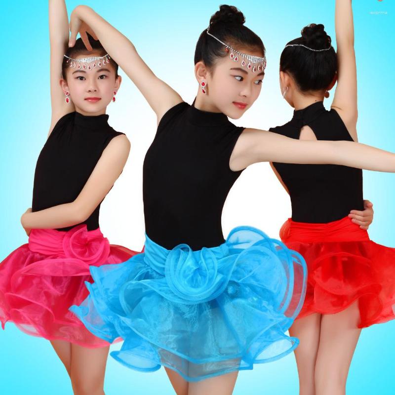 

Stage Wear Simplicity Sleeveless Elegent Organza Tutu Ballroom Dress Child Latin Dance Costumes Kids 2023 Summer/Autumn Practice Clothes, Blue long