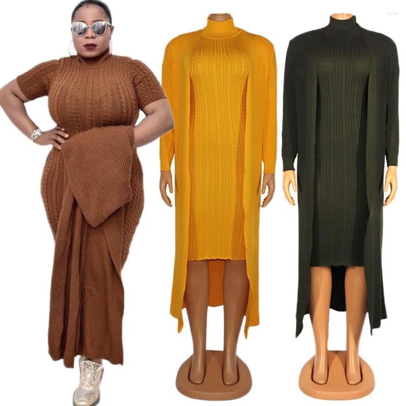

Ethnic Clothing African Fashion Knit Sweater Suit Turtleneck Sleeveless Dress Long Coat Loose Stretch Two Pieces Set Solid Color