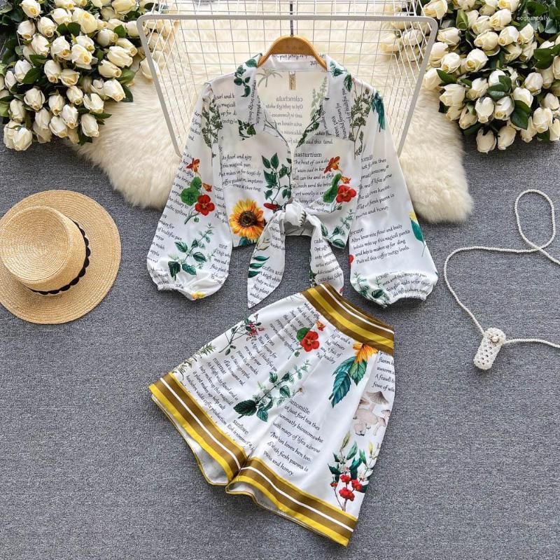 

Women's Tracksuits Summer Models Of Beautiful Small Printed Lace-up Shirt Tops High-waisted Wide Leg Shorts Two-piece Suit, As the picture