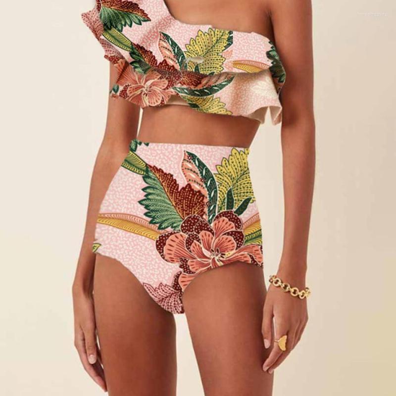 

Women' Swimwear Elegant Floral Print Women' One Shoulder Ruffle Lace Bikini Set Sexy Split Swimsuit High Waisted Backpackless 2023, Pink