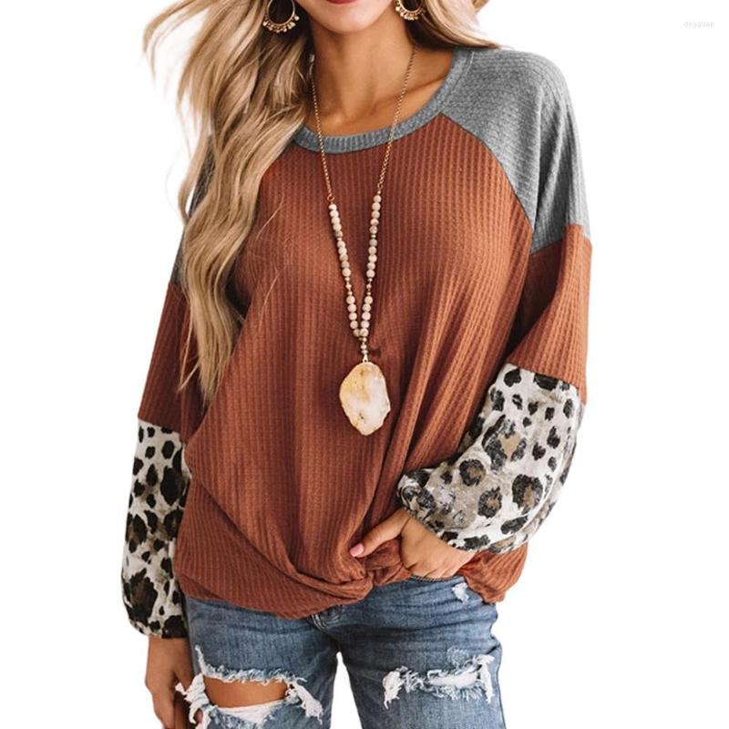 

Women' T Shirts Women Tshirt Casual Leopard Long Sleeve Waffle Twist Knot Loose Shirt Sweater, Black
