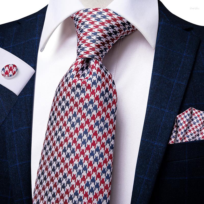 

Bow Ties Hi-Tie Red Houndstooth Plaid Necktie For Men Blue Luxury Men's Tie Set Silk 8.5cm Large Fashion Hanky Cufflinks Quality