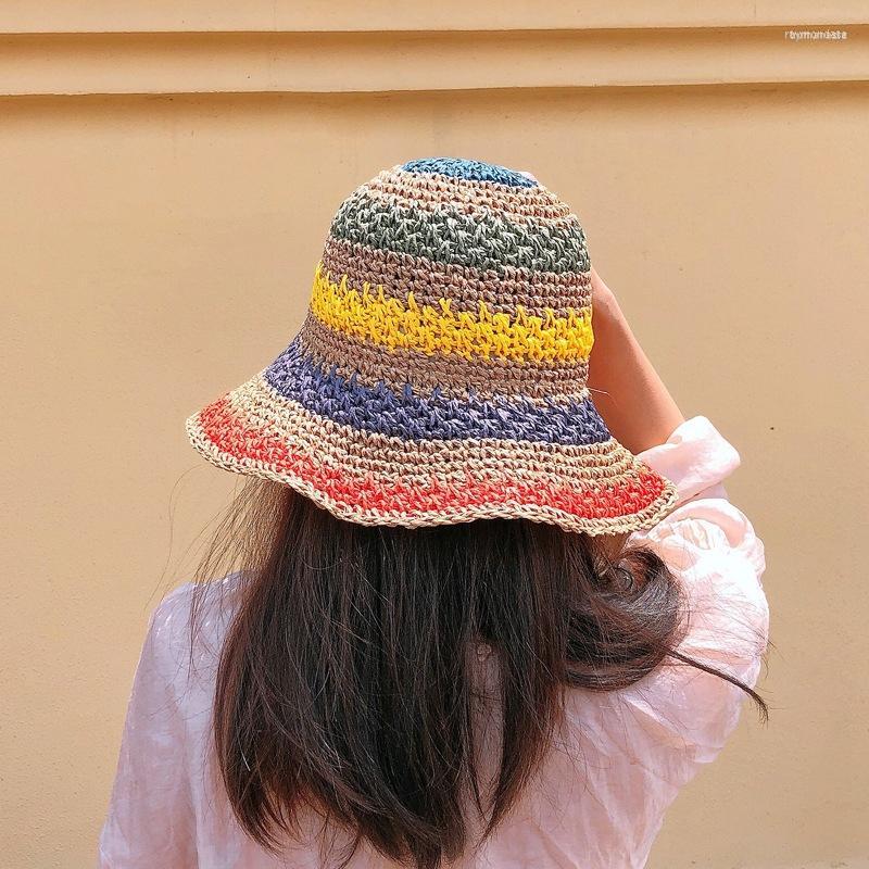 

Wide Brim Hats Summer Beach Women's Bucket Hat Straw Made Rainbow Crochet Foldable Panama Female Sun Visor Cap, Khaki