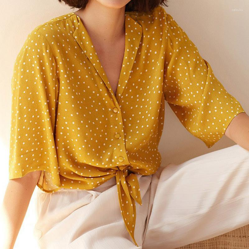 

Women' Blouses 2023 Spring And Summer Women Fresh Yellow Polka Dot Printed Mid-sleeved Shirt