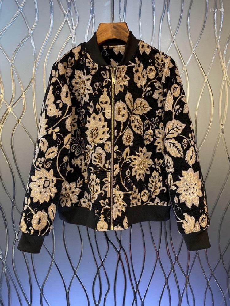 

Women' Jackets 2023 Autumn Winter Fashion High Quality Coat Outerwear Women Vintage Jacquard Print Beading Deco Long Sleeve Zip Coats, Picture shown