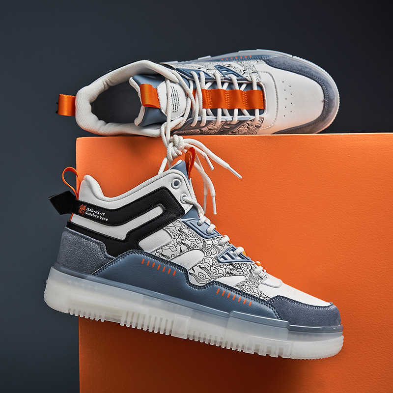

High Top Trendy Sneakers Mens Board Casual Shoes Leather Sports Trainers Clear Sole, White magnolia