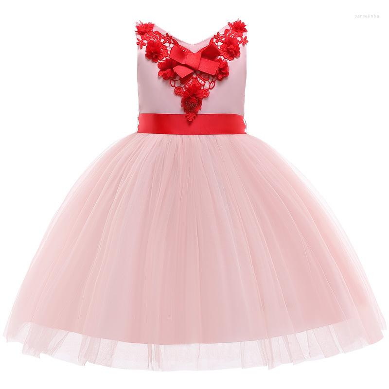 

Girl Dresses Flowers Princess Dress Cartoon Neckline Stitching Lace Girls Sweet Tutu Prom For 3-9year Baby Clothes, Champagne