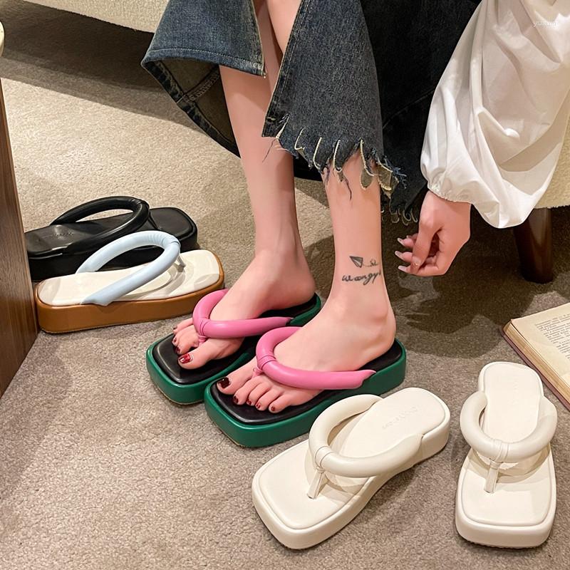 

Slippers Women's Summer Fashion Platform Flip-flops Wedges Comfortable Resort Beach Outdoor Sandals Casual Square Toe, Beige