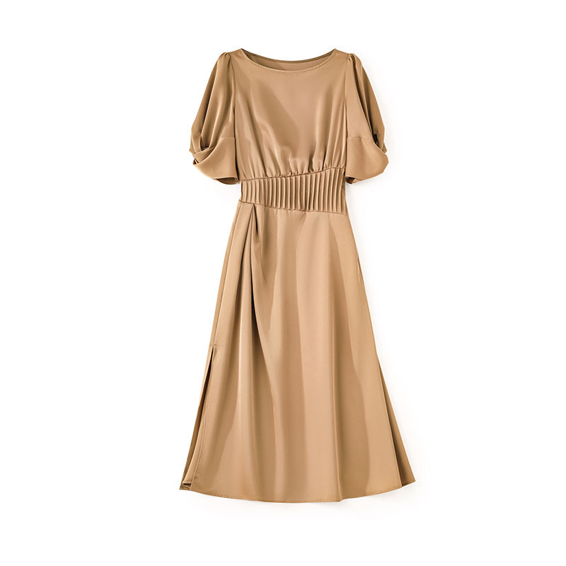 

2023 Summer Khaki Solid Color Dress Short Sleeve Round Neck Midi Casual Dresses W3L043612