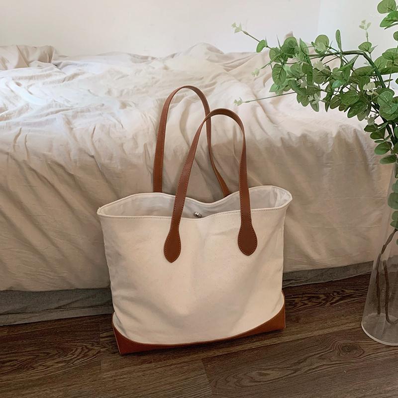 

Evening Bags Korean Ins Summer Women's Bag Canvas Splicing One Shoulder Large Leisure Commuting Versatile Capacity Tote, Creamy-white
