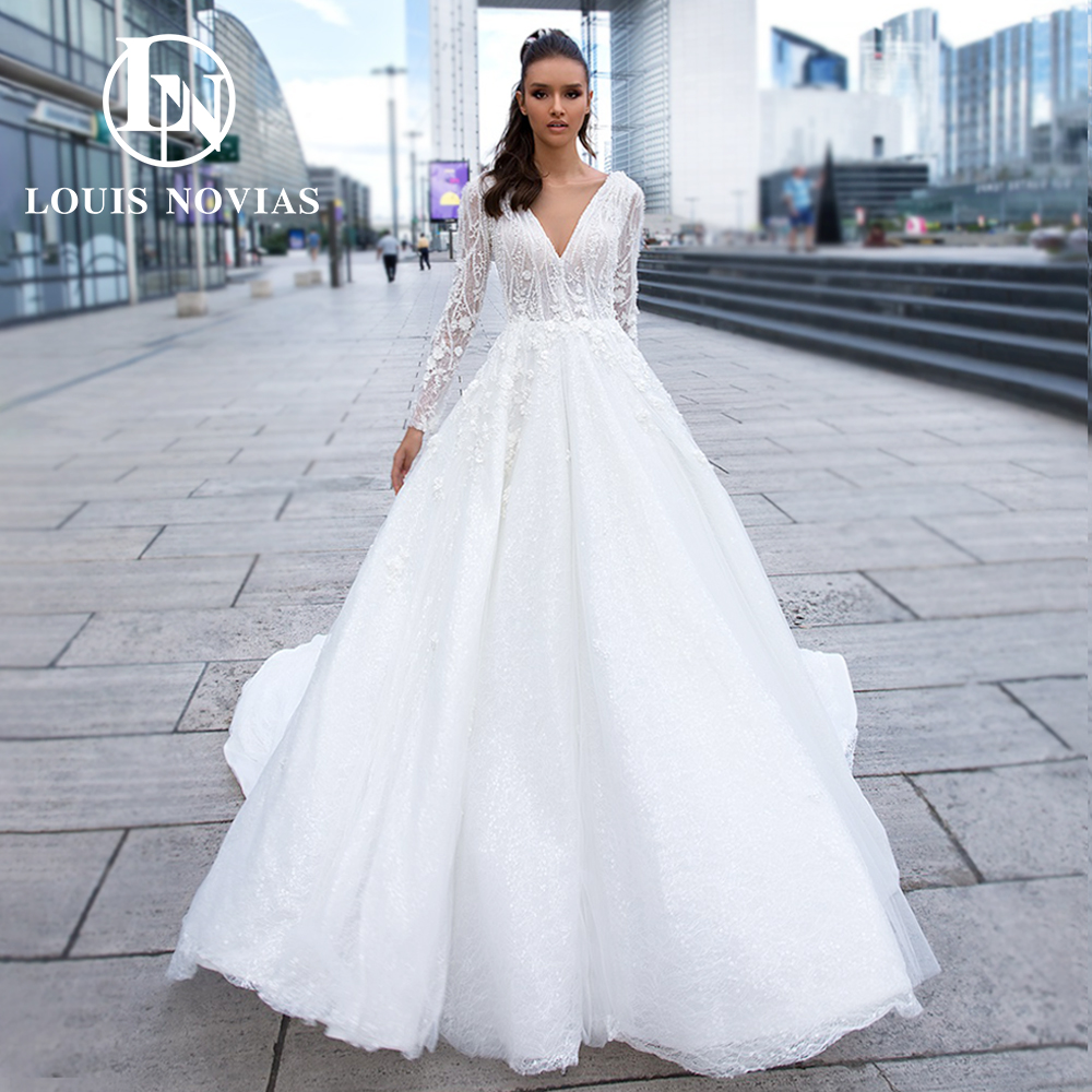 

Ball Gown Long Sleeves Wedding Dress 2023 V-neck Embroidery Beading Appliques Backless Lace Dress for Bride Vestidos De Novia, Ivory