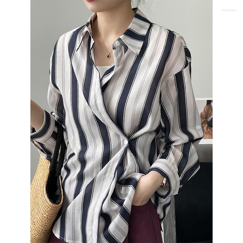 

Women's Blouses Striped Shirt Korean Style Blue Brown Sunscreen Oversized Blouse, Navy blue