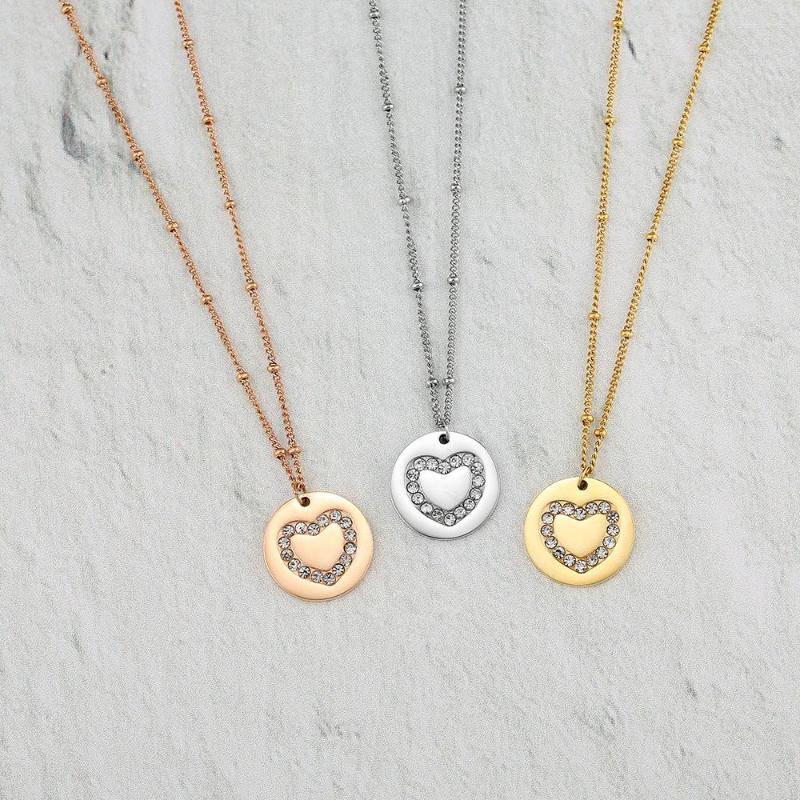 

Pendant Necklaces Wholesale Crystal Heart Coin Necklace Stainless Steel Clear Rhinestone As Mother's Day Gift 10pcs/lot