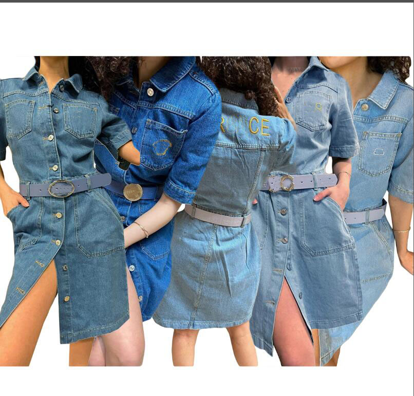 

luxurious Women's casual versatile embroidered denim dress Designer lapel single breasted cardigan blue washed Denim Dresses Balencaigase, 01