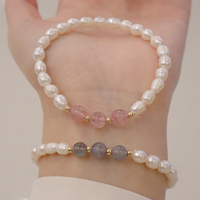

Natural freshwater pearl bracelet strawberry quartz crystal labradorite beaded elastic bracelet