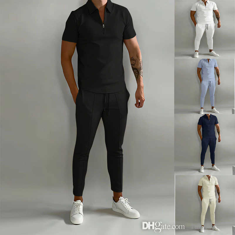 

Summer Mens Tracksuit 2023 Fashion Two Piece Set Clothing Solid Color Short Sleeve Polo Shirt Slim Fit Pants Casual Sports 2PCS Suit Plus Size S-3XL, Black