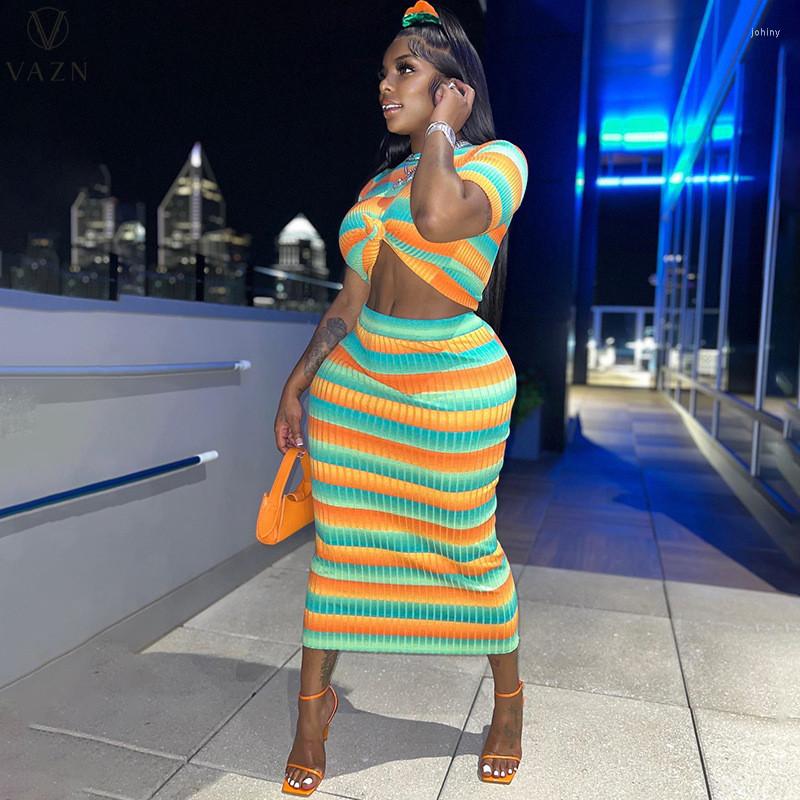 

Work Dresses VAZN 2023 Luxury Designer Knit Set Striped Sweet Young Sexy Short Sleeve Long Pencil Skirts Slim Women 2 Piece, Multi