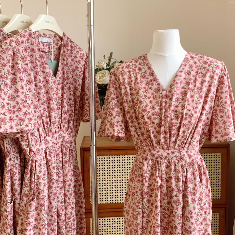 

Party Dresses Women's Summer V Neck Short Sleeve Floral Dress Holiday Streetwear High Waist A Line Lady Sweet Mid Calf Length Vestidos, Pink floral
