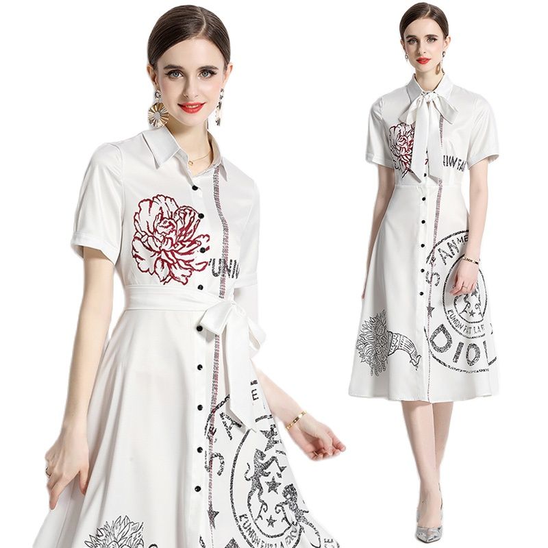 

Summer Bow Belted Short Sleeve Midi Dress 2023 Women Designer Lapel Button Front Slim Party Graceful Print White Shirtdress Vacation New in Dresses Ballgown Vestido