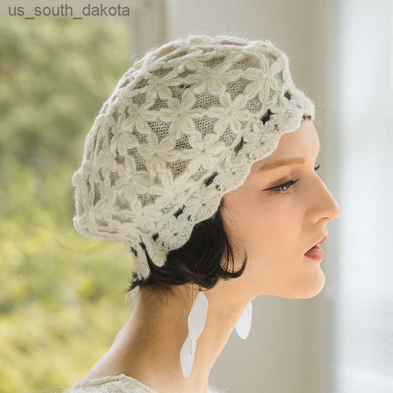 

Flower Double-decker Beret Hat Women Spring Autumn Korean Berets Cap Girl Sweet Cute Knitted Hats Female Fashion Warm Caps H6772 L230523, White